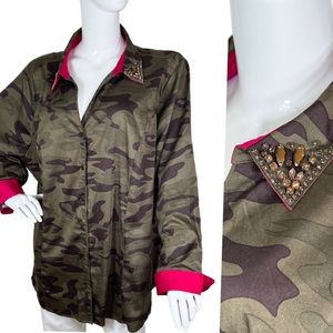 Lane Bryant Size 28 Bling Fancy Camo Rhinestone Pink Button Front Blouse